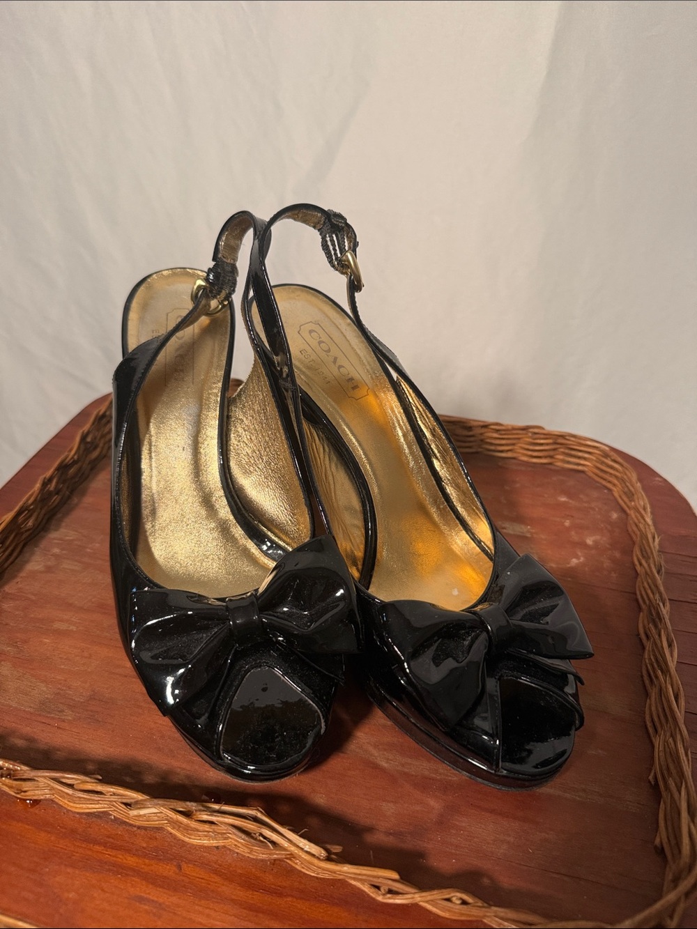Coach Black Patent Leather Bow Slingback Heels with Gold Insole